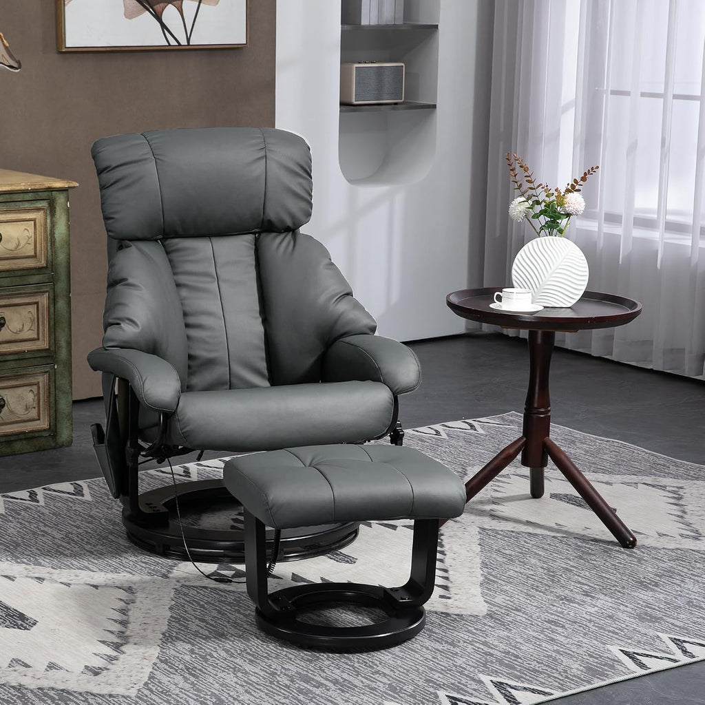 HOMCOM Massage Recliner Chair with Ottoman, 360° Swivel Recliner and Footstool, 10 Point Vibration, PU Leather Reclining Chair with Side Pocket and Remote Control, Gray