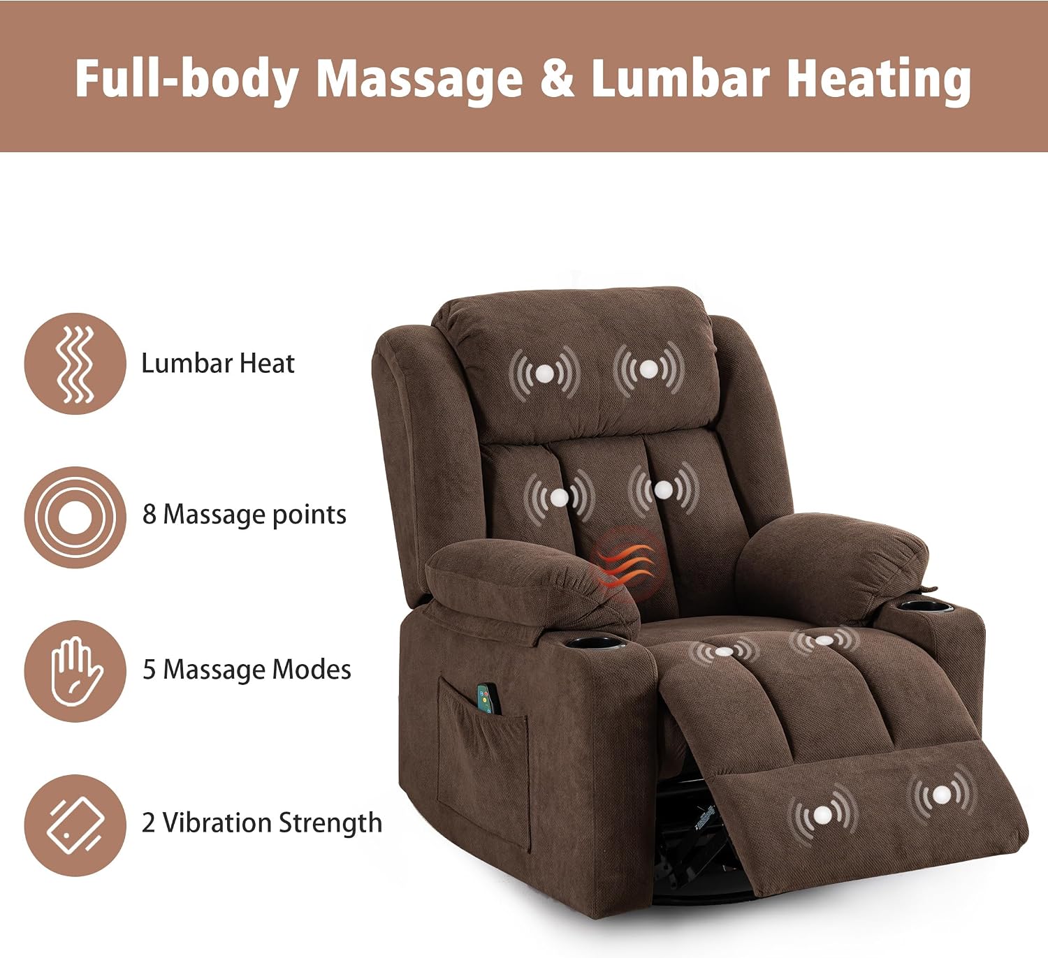 Ketaiyou Rocker Swivel Recliner Chair for Adults, Overstuffed Large Manual Recliner Glider with Massage and Heat, Comfy Soft Fabric Living Room Reclining Sofa Chair (Cocoa1)