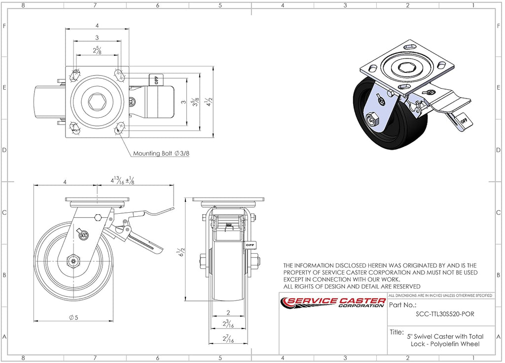 Service Caster Brand Replacement Set for Milwaukee Mobile Workstations and Workbenches Casters-Swivel Top Plate Heavy Duty Casters with 5 Inch Polyolefin Wheels-Includes 2 Swivel with Brakes & 2 Rigid