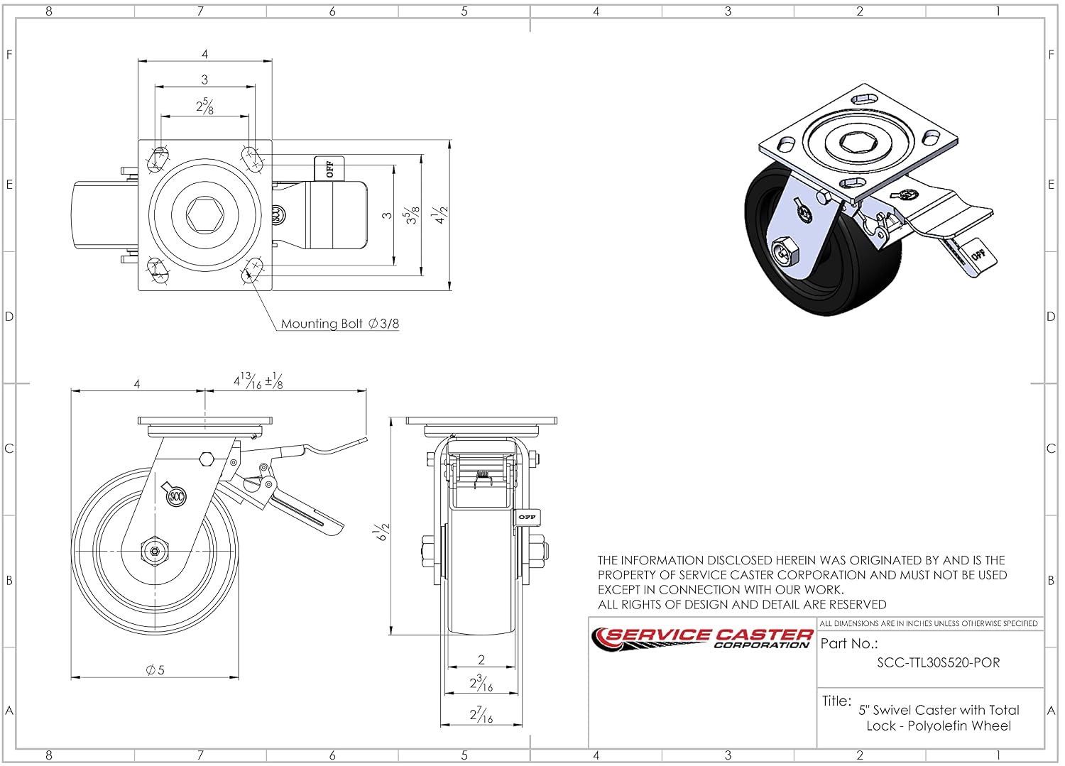 Service Caster Brand Replacement Set for Milwaukee Mobile Workstations and Workbenches Casters-Swivel Top Plate Heavy Duty Casters with 5 Inch Polyolefin Wheels-Includes 2 Swivel with Brakes & 2 Rigid