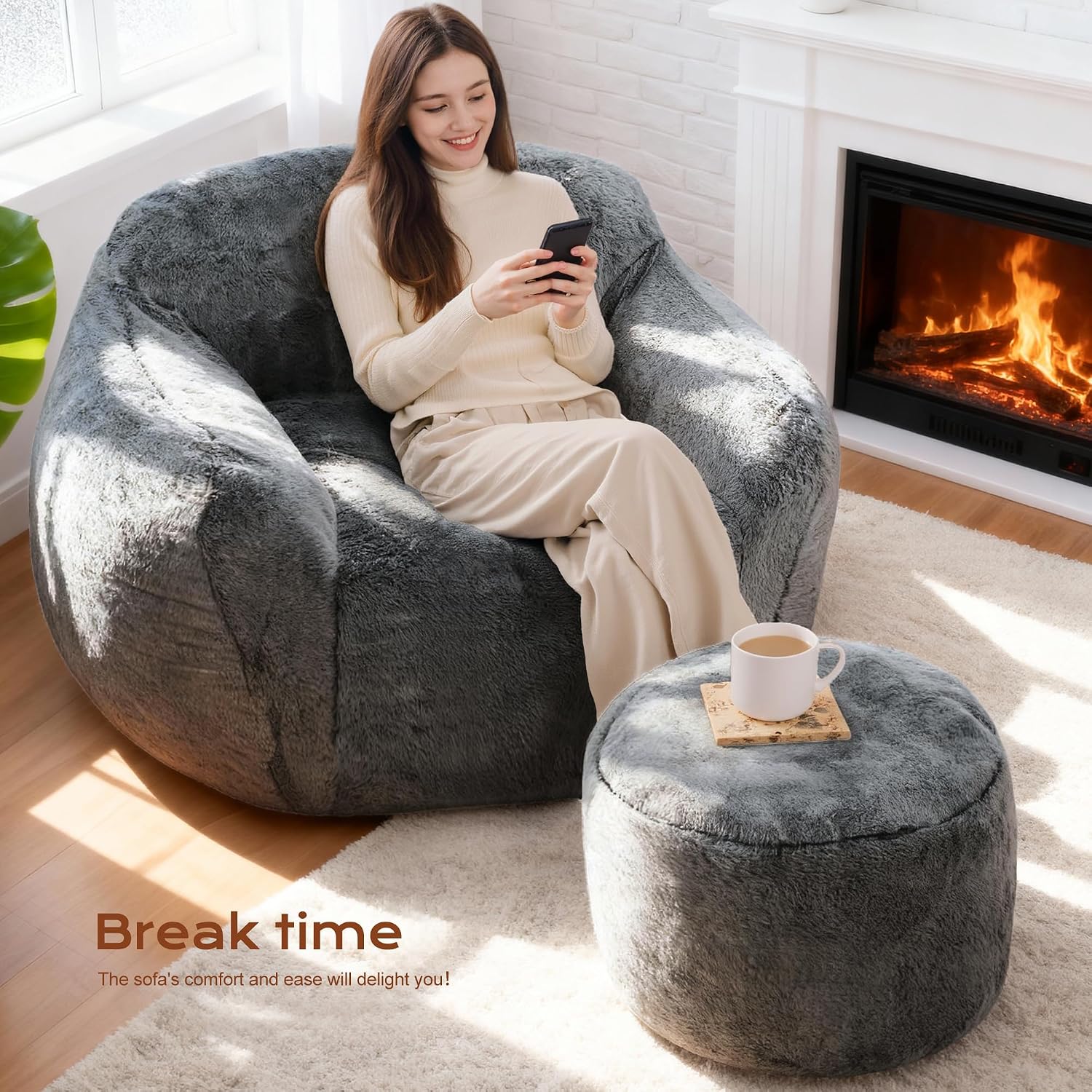 Giant Bean Bag Chair for Adults, Large Memory Foam BeanBag Chairs, Oversized Bean Bag Sofa with Filler, Faux Fur Big Reading Chair Comfy Floor Sofa Chair (Grey, Single with Ottoman)