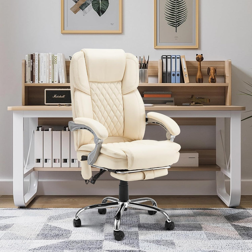 HOMREST Executive Office Chair with Footrest, 6-Point Massage Office Chair with Reclining Backrest, Heated Leather Computer Chair for Home Office(Cream)
