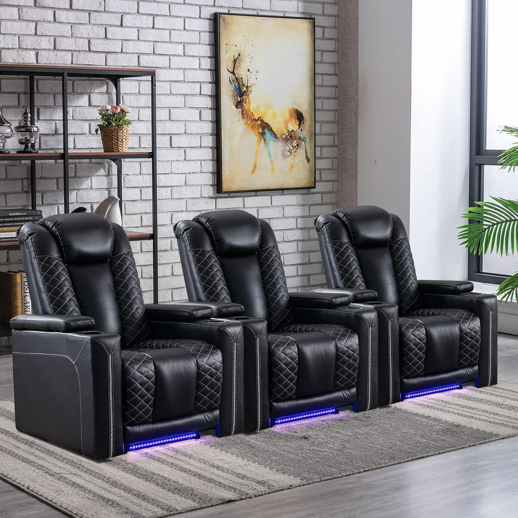 CANMOV Electric Recliner Chairs Set of 3, Breathable Faux Leather Home Theater Seating Recliner with Ambient Lighting, Power Recliner Chairs with USB Ports, Cup Holders, Hidden Arm Storage, Black