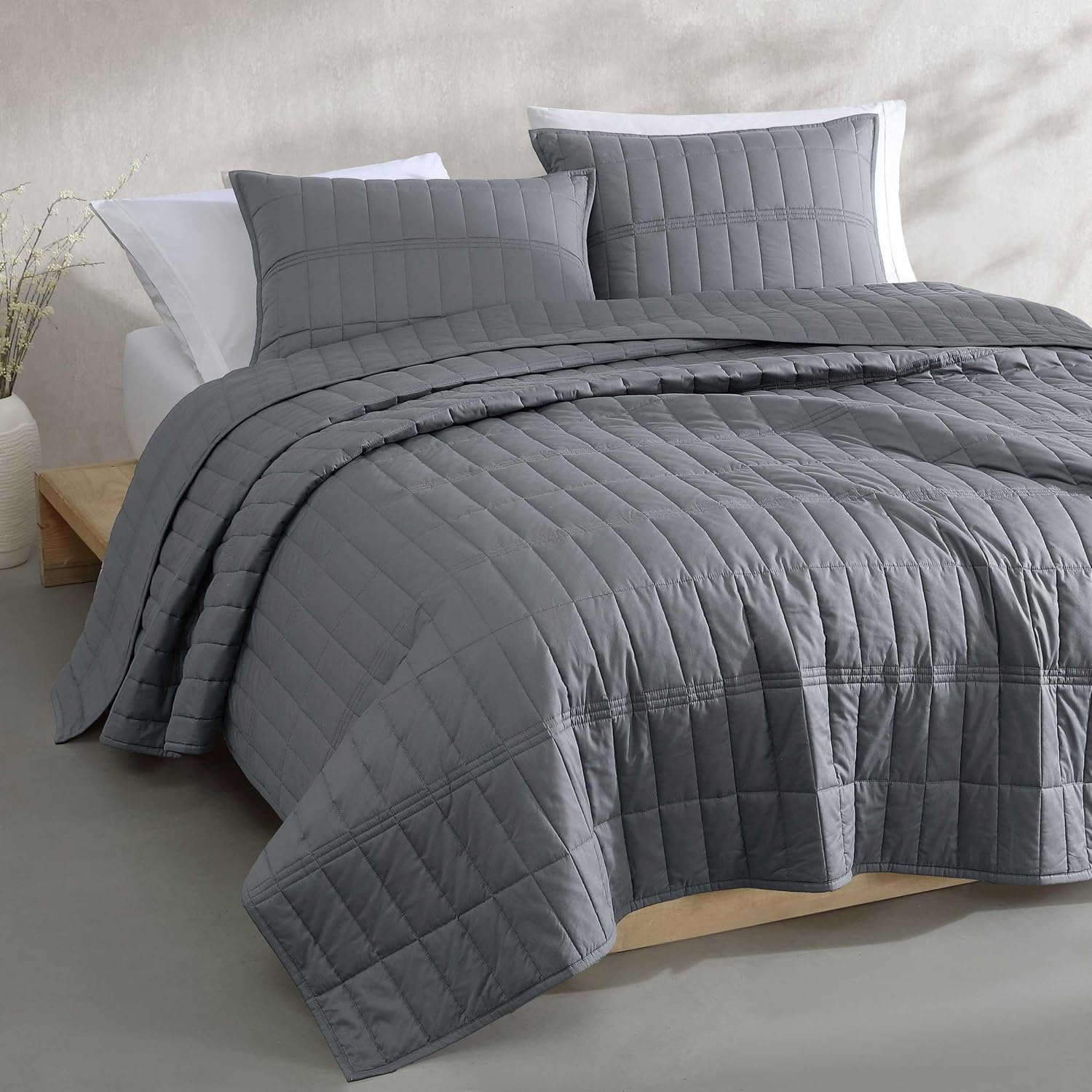 Calvin Klein - Queen Quilt Set, Cotton Percale Weave Bedding with Matching Shams, Crisp & Cool, Oeko-Tex Certified (Washed Percale Graphite Grey)