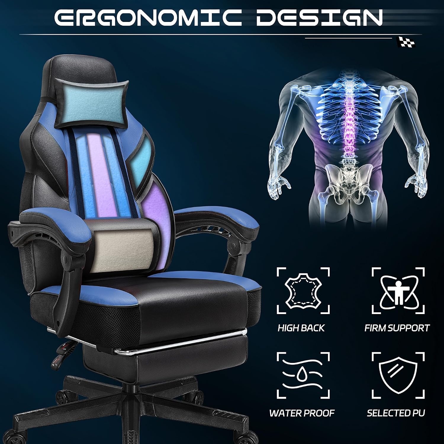 Gaming Chair with Footrest, Video Game Chair for Adults Ergonomic Big and Tall Computer Chair with Massage Lumbar, Height Adjustable, 360° Swivel Seat and Headrest (Blue)