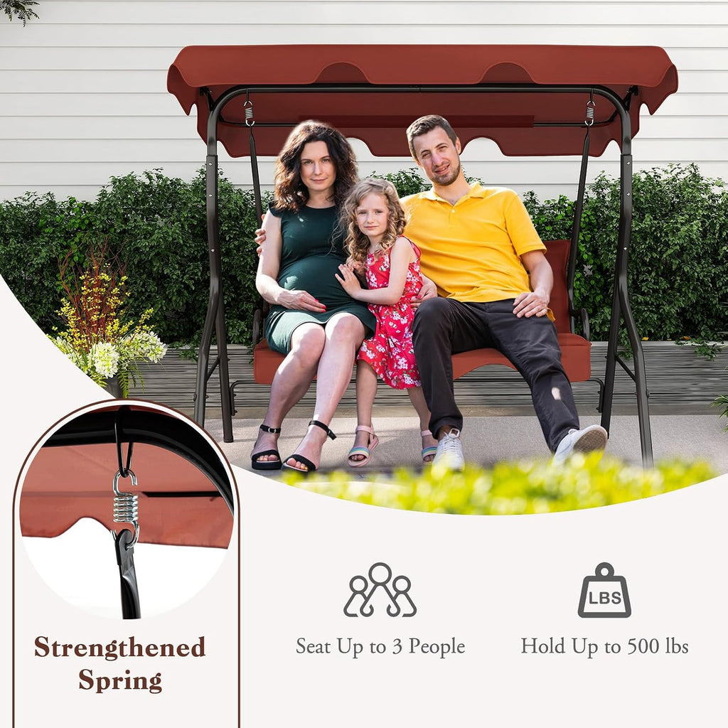 DREAMADE Porch Swing Outdoor, 3 Person Patio Swing w/Removable Cushion, Stand & Adjustable Canopy, Heavy Duty Swing Chair for Patio, Garden, Courtyard, Poolside