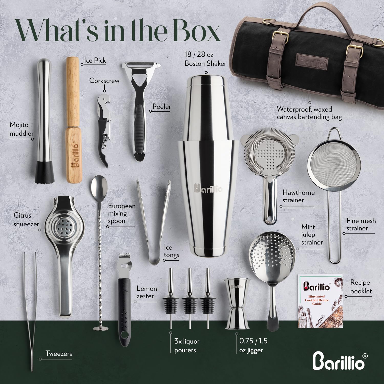 Barillio Bartender Kit Bag with Cocktail Shaker Set - Waxed Canvas, Traveling Bar Tools Bag with 17-Pc Cocktail Kit - Travel Mixology Bartending Kits - Mobile Bar Roll with Strap & Accessories