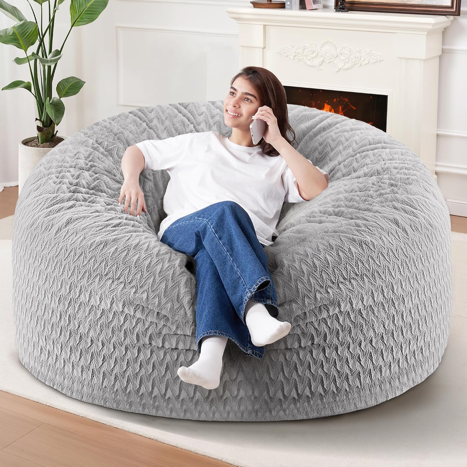 5FT Bean Bag Chair,Giant Bean Bag Chairs for Adults,Big Bean Bags with Memory Foam Filled, Large Beanbag Chairs with Chevron Plush Cover-Light Grey