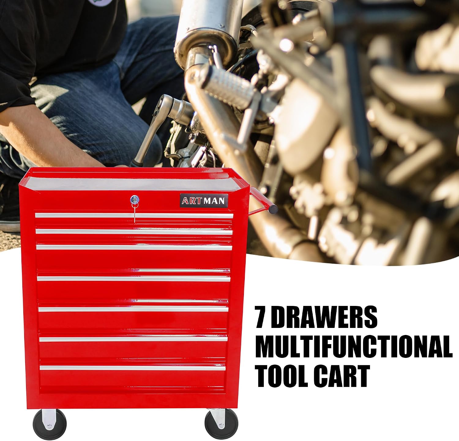 7-Drawers Multifunctional Tool Boxes on Wheels, Lockable 4' Casters Tool Cart Cabinet, Powder-coated Steel Rolling Tool Chest with Key for Garage, Warehouse, Repair Shop, 231LBS Capacity - Red