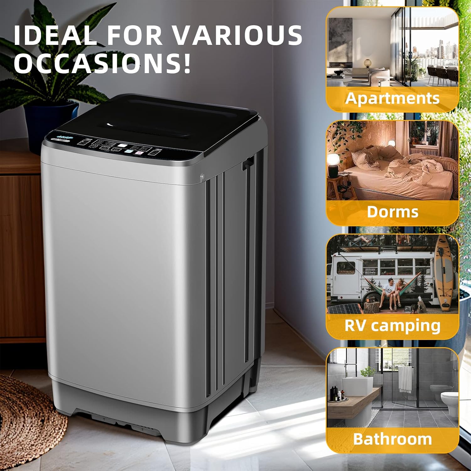 Qhou Full-Automatic Washing Machine, 15.6lbs Capacity Portable Washer, with Drain Pump, LED Display/8 Water Levels Selections/10 Programs Compact Laundry Washer for RV, Camping, Apartment, Dorm（Grey）