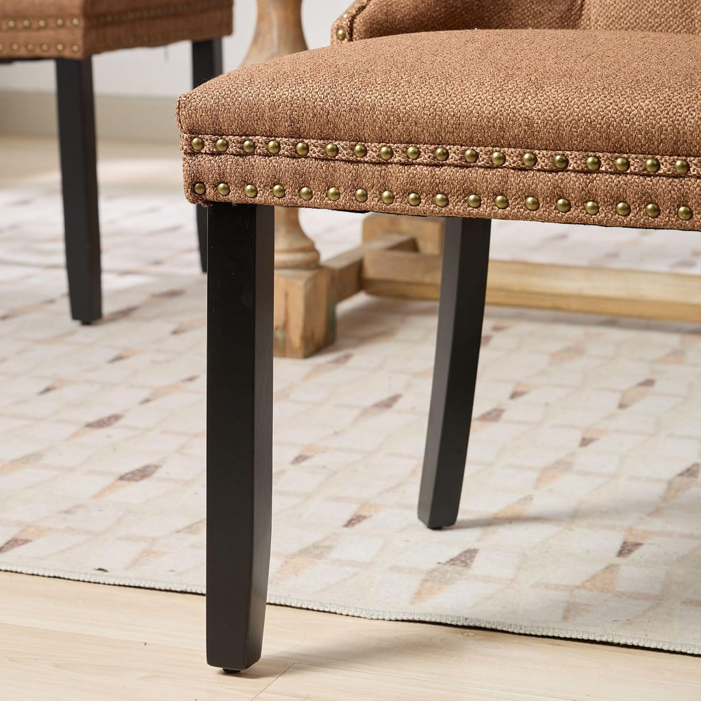 Ball & Cast Contemporary Upholstered Dining Chairs Set of 2, Flax Button Tufted Kitchen Side-Chairs with Hang Ring & Nailhead Trims & Wood Legs, 2-Piece Backrest Traditional Chair, Black+Coffee