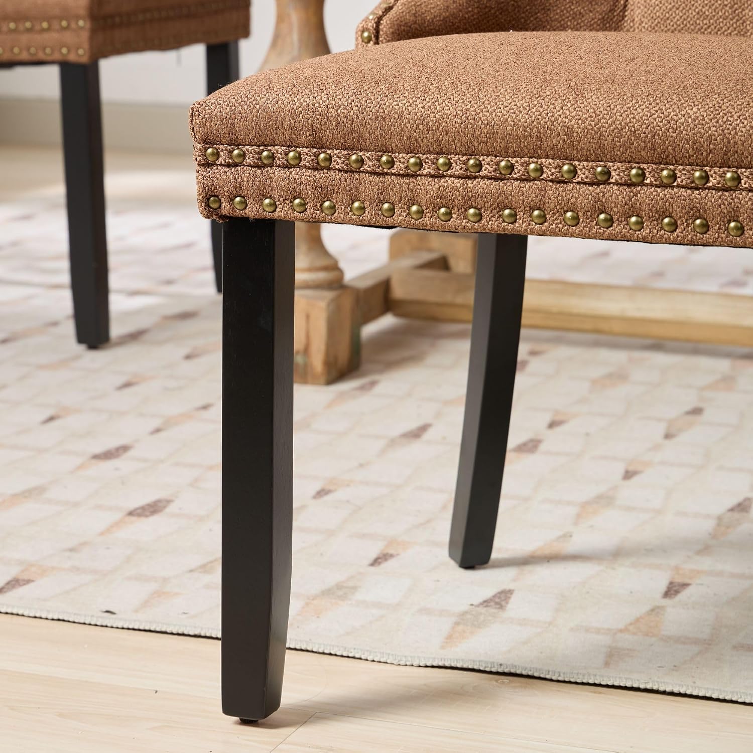 Ball & Cast Contemporary Upholstered Dining Chairs Set of 2, Flax Button Tufted Kitchen Side-Chairs with Hang Ring & Nailhead Trims & Wood Legs, 2-Piece Backrest Traditional Chair, Black+Coffee
