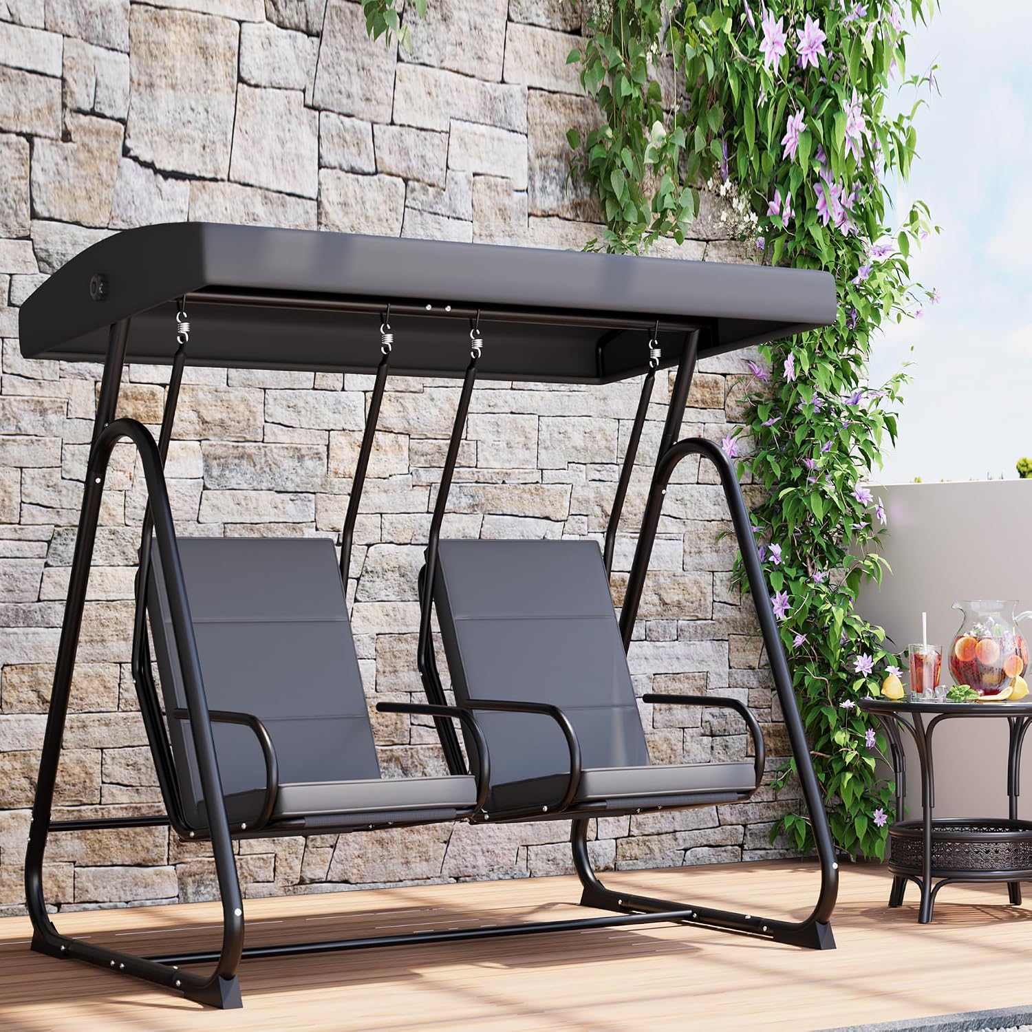 GarveeLife 2 Person Porch Swing Chair, Heavy Duty Outdoor Patio Swing Glider with Adjustable Canopy & Removable Cushions, Independent Swing Chairs for Garden, Balcony, Poolside, Backyard, Dark Grey
