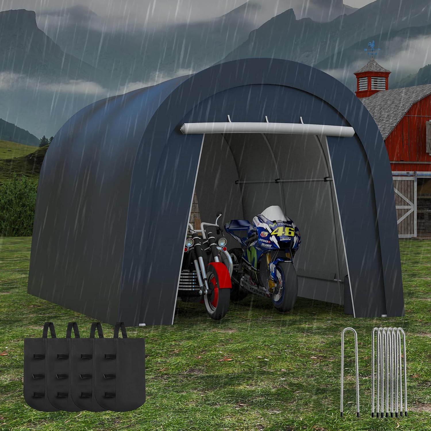 FansaFurn Domed Carport with 4 Cloth Bags, Portable Garage with 2 Roll-up Doors, Heavy Duty Car Canopy Party Tent, All-Season Storage Shelter Shed for Cars, Truck, or Garden Tools, 10' x 15'