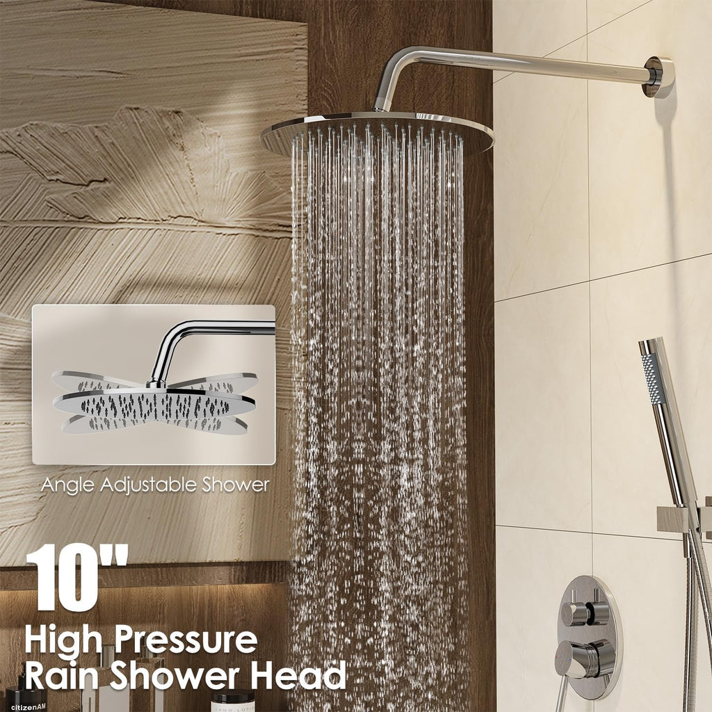 Gabrylly Shower System with Tub Spout, Bathtub Shower Faucets Set with 3-Way Shower Valve, High Pressure 10' Rain Shower head with Handheld Spray Combo, Wall Mounted Rainfall Shower Head Set, Chrome
