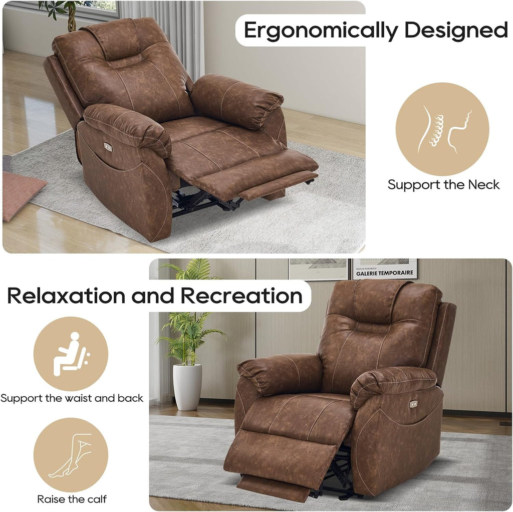 Power Recliner Chair with Extended Footrest, Electric Recliner Chair with Massage and Heat, Power Recliner Chairs for Adult with USB Ports, Side Pockets for Living Room (Dark Brown, PU)