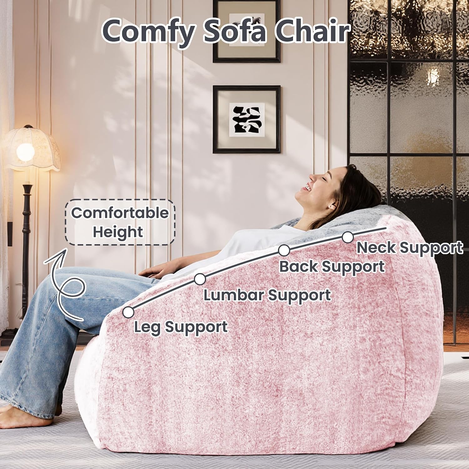 Bean Bag Chairs for Adults, Giant Beanbag Sofa Comfy Reading Chair, Oversized Bean Bag Chairs for Living Room Bedroom, Soft Faux Fur Fabric, 3.2FT, Pink, Plush