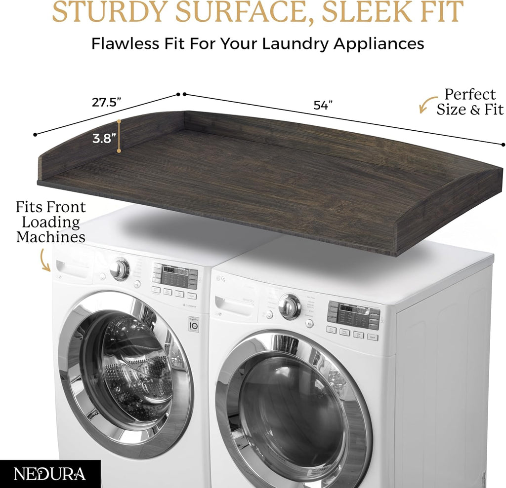 Nedura Washer Dryer Countertop w/Anti-Vibration Pads & Curved Edge Rails, Premium Bamboo Laundry Countertop, Washer Dryer Topper, Laundry Room Organization, Laundry Room Accessory - Espresso