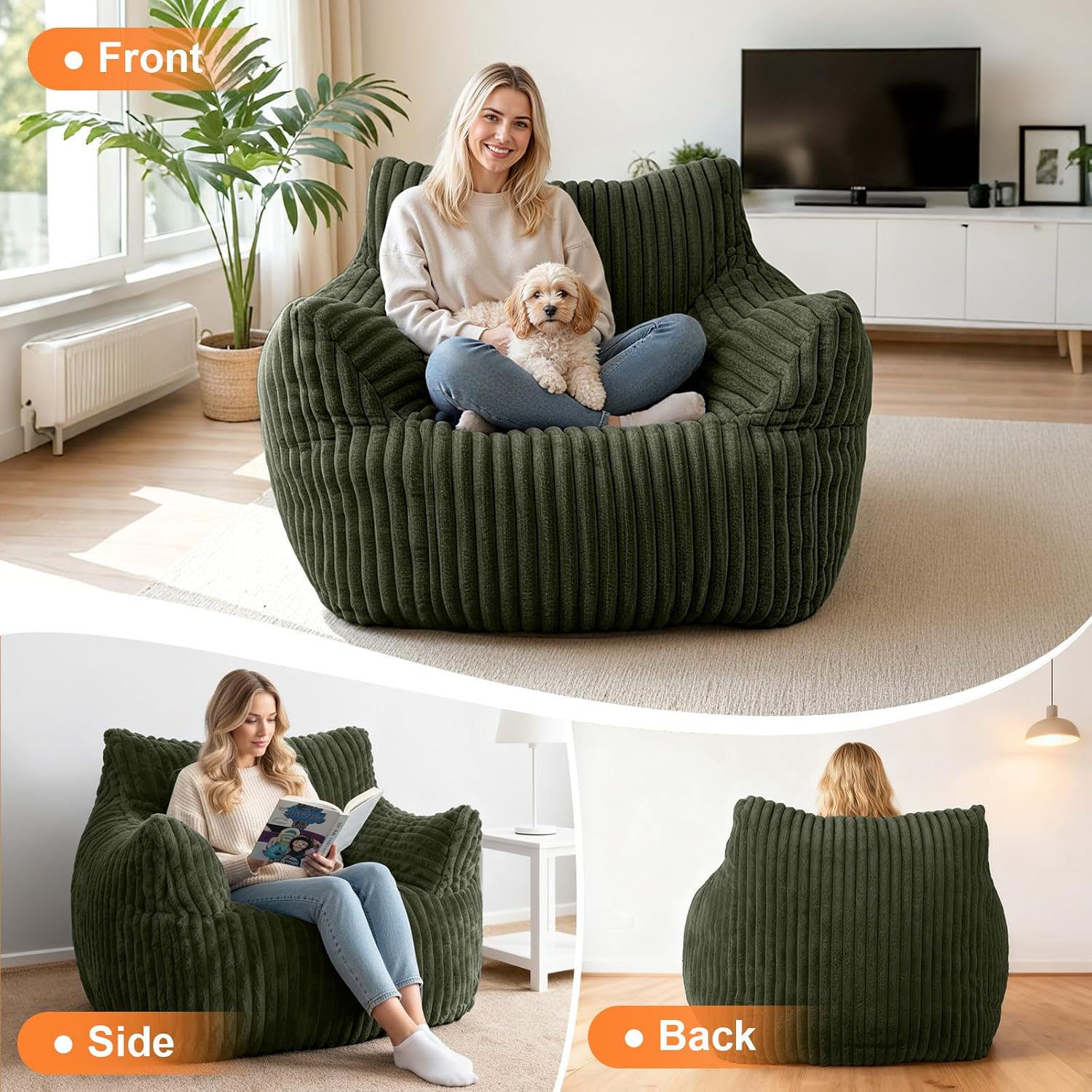 Giant Bean Bag Chair for Adults, Oversized Memory Foam Bean Bag Sofa with Armrests, Large Comfy Fluffy Single Lounges Mini Couch for Living Room, Bedroom & Dorm(Green)