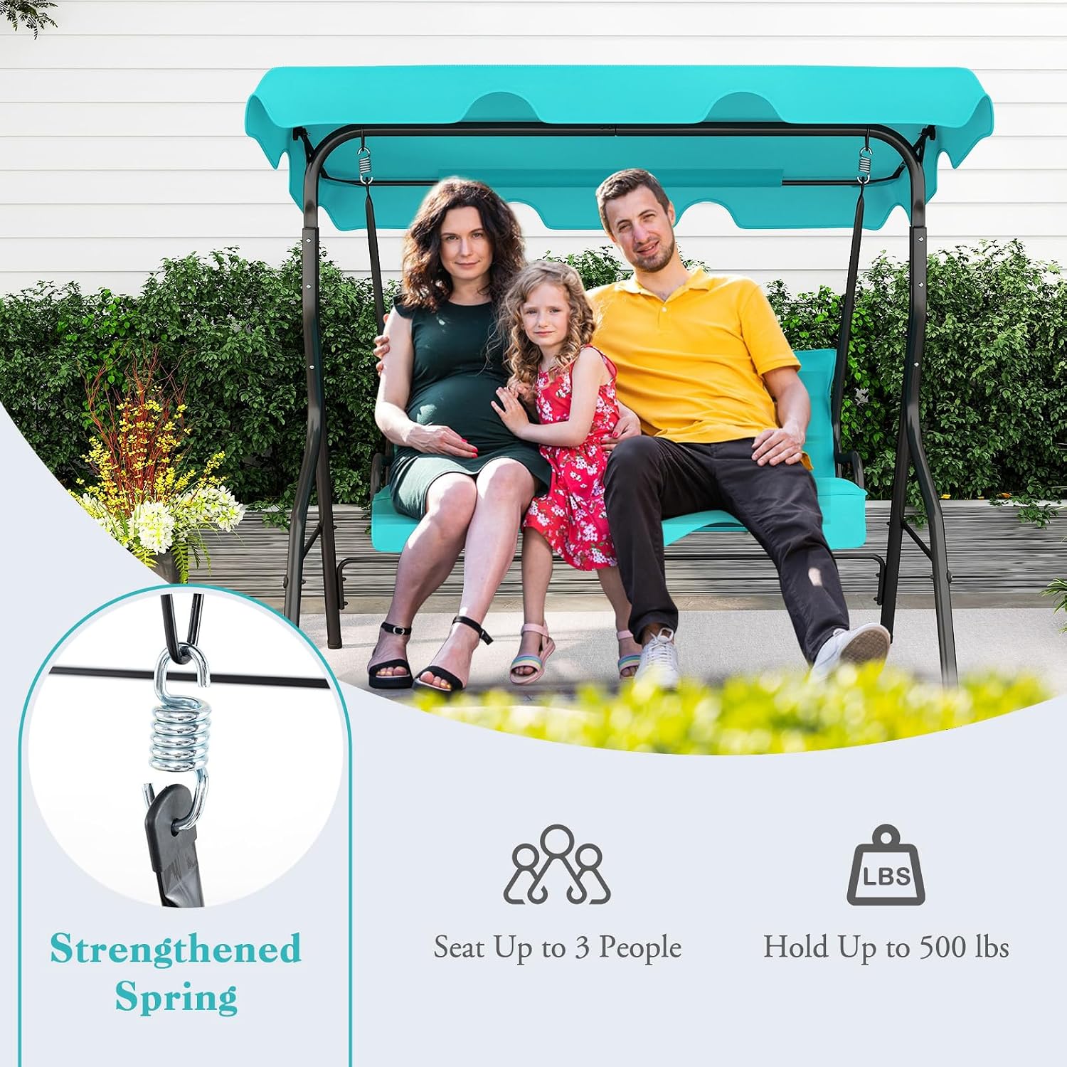 DREAMADE Porch Swing Outdoor, 3 Person Patio Swing w/Removable Cushion, Stand & Adjustable Canopy, Heavy Duty Swing Chair for Patio, Garden, Courtyard, Poolside