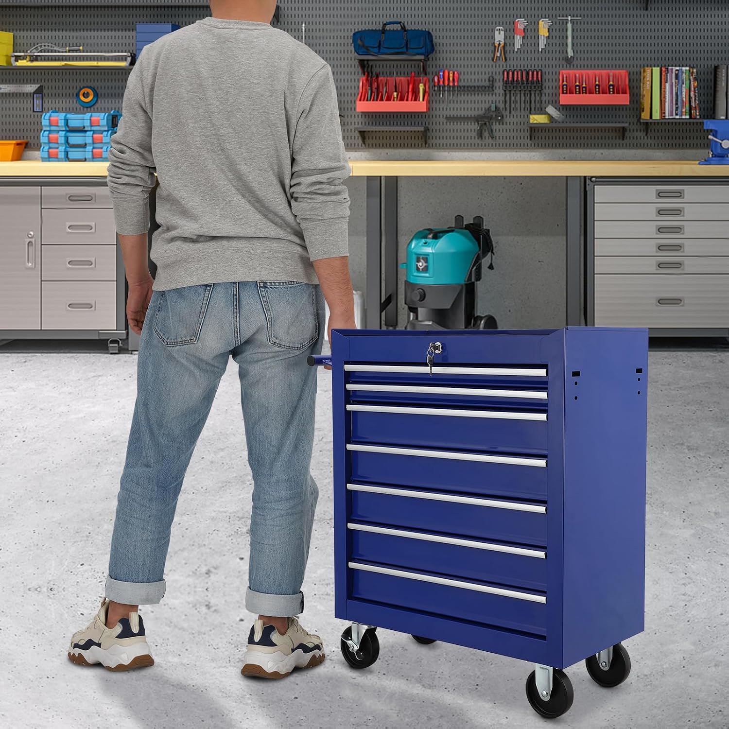 7 Drawer Rolling Tool Chest,Tool Cabinet on Wheels with Locking System,Rolling Tool Box Organizer Tool Case,Multifunctional Tool Cart Mechanic Tool Storage Cabinet for Garage,Wareh Blue One Size