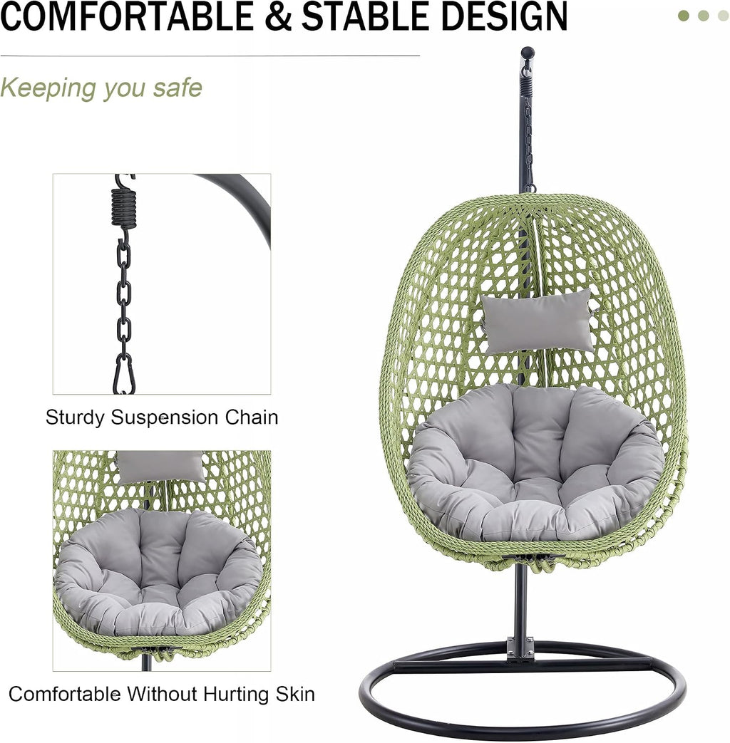 Egg Swing Chair with Stand,Swing Egg Chair with Stand, Green Rattan Hanging Egg with Soft Cushion, Outdoor Hanging with Foldable Basket and Metal Stand for Bedroom Patio