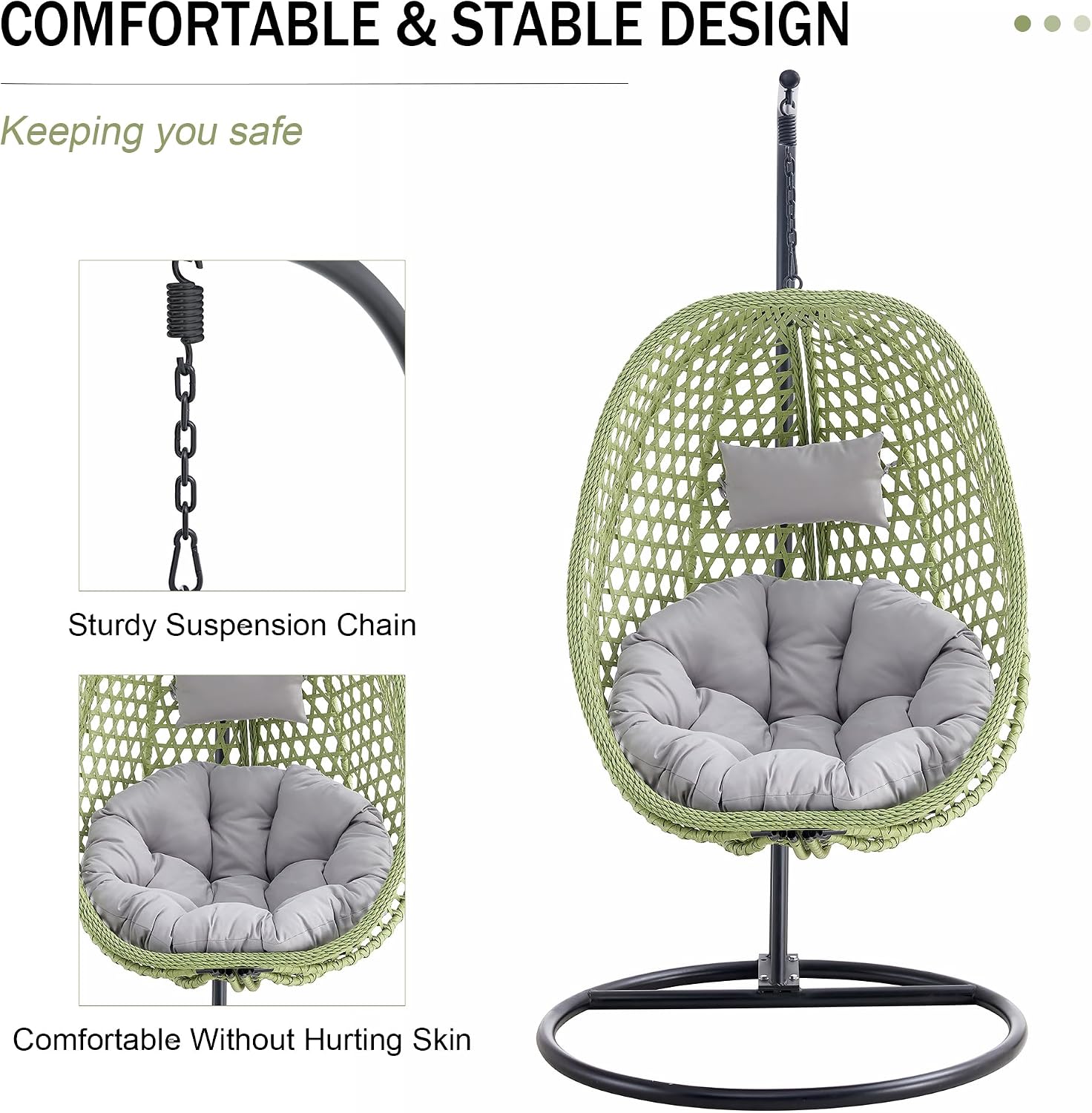 Egg Swing Chair with Stand,Swing Egg Chair with Stand, Green Rattan Hanging Egg with Soft Cushion, Outdoor Hanging with Foldable Basket and Metal Stand for Bedroom Patio