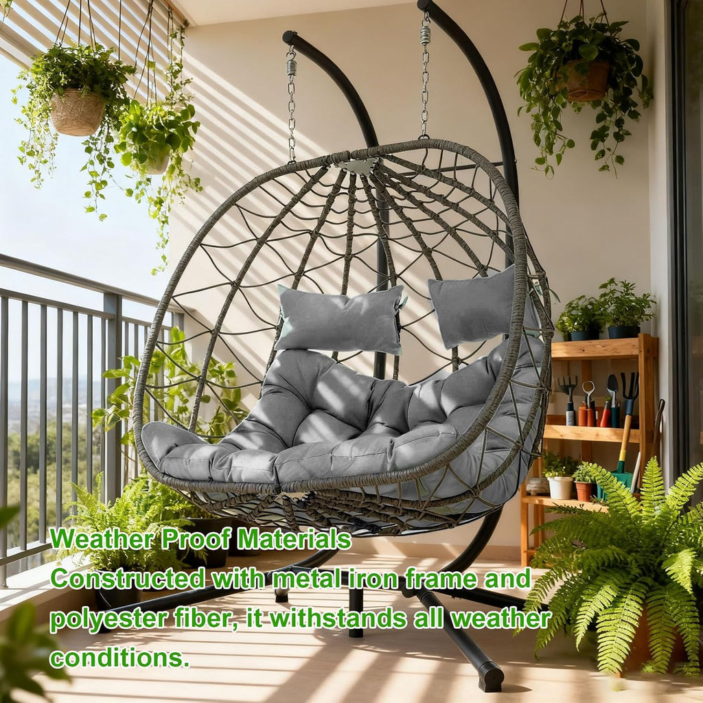 Egg Swing Chair with Stand 2Person Hanging Wicker Hammock Chair for Indoor & Outdoor Relaxation with Strong Load Bearing and Comfortable Cushion