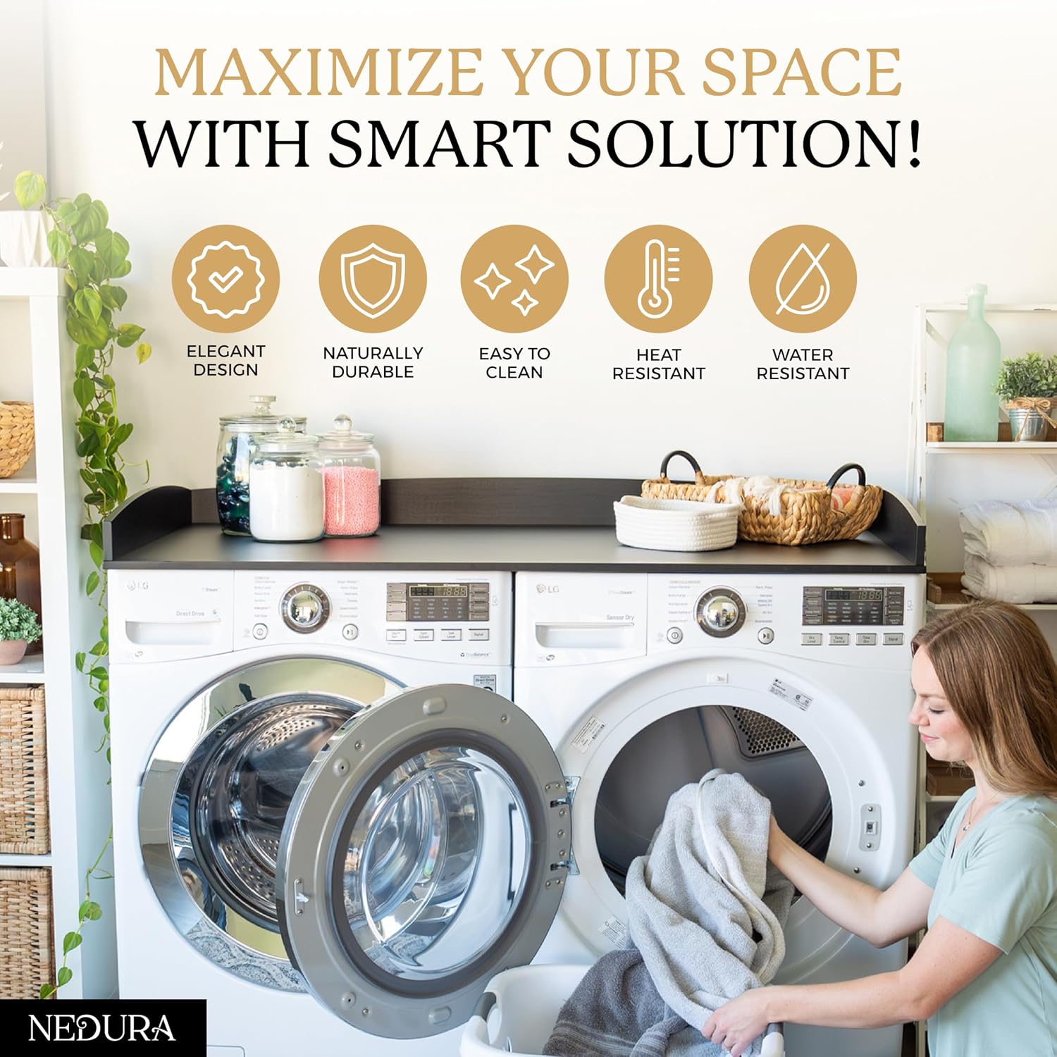 Nedura Washer Dryer Countertop w/Anti-Vibration Pads & Curved Edge Rails, Premium Bamboo Laundry Countertop, Washer Dryer Topper, Laundry Room Organization, Laundry Accessory, Designed in USA - Black