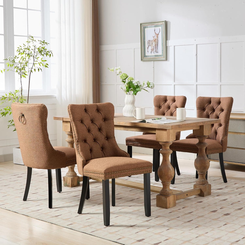 Ball & Cast Contemporary Upholstered Dining Chairs Set of 2, Flax Button Tufted Kitchen Side-Chairs with Hang Ring & Nailhead Trims & Wood Legs, 2-Piece Backrest Traditional Chair, Black+Coffee