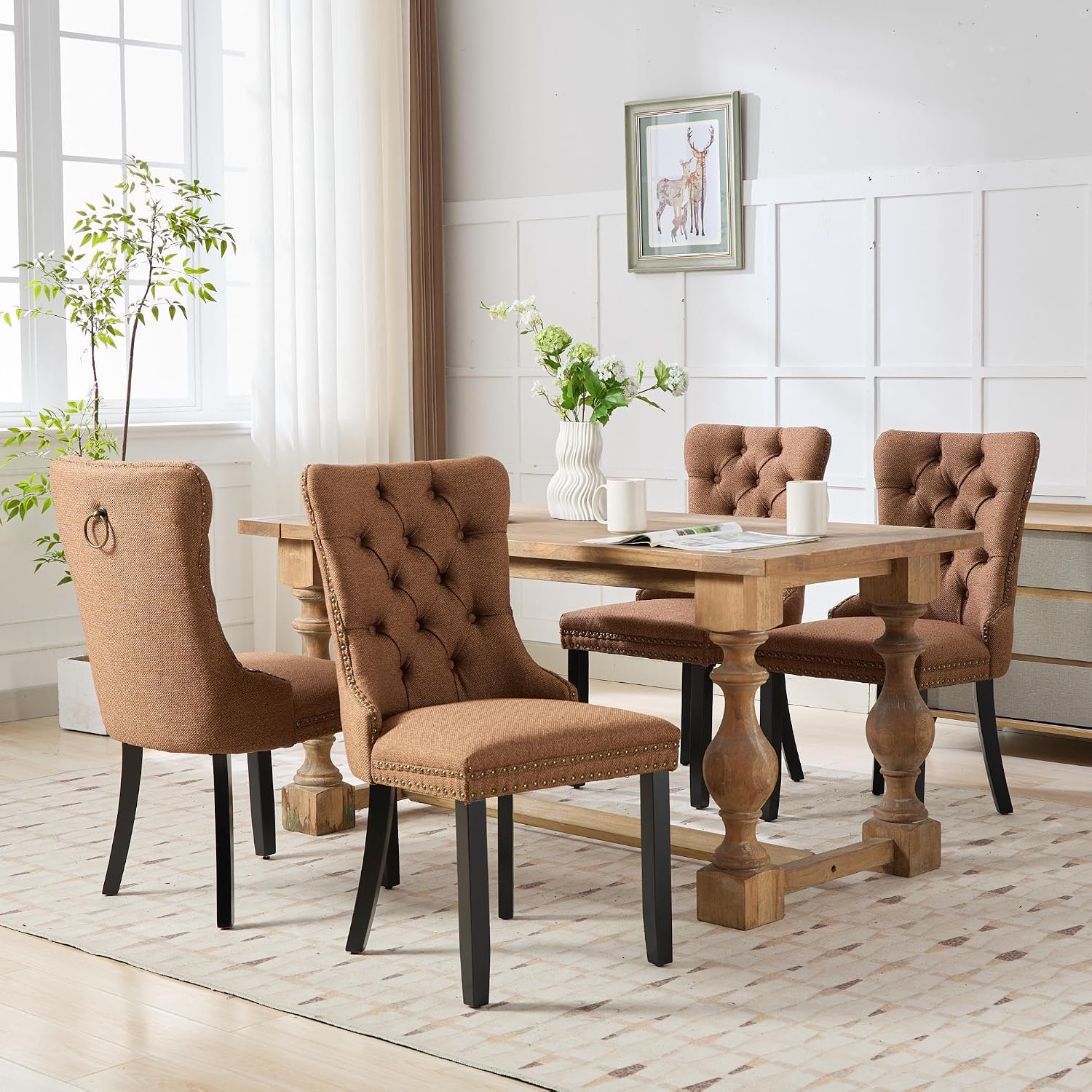 Ball & Cast Contemporary Upholstered Dining Chairs Set of 2, Flax Button Tufted Kitchen Side-Chairs with Hang Ring & Nailhead Trims & Wood Legs, 2-Piece Backrest Traditional Chair, Black+Coffee
