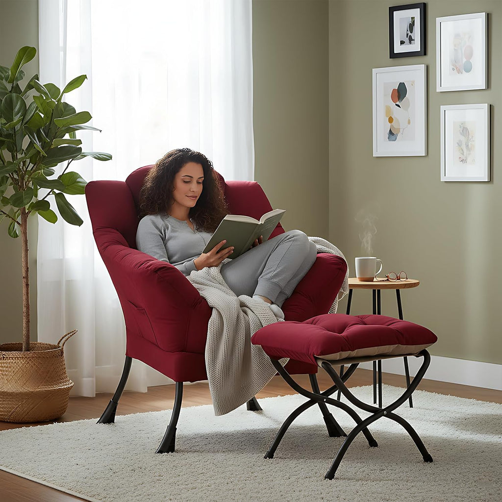 Welnow Lazy Chair with Ottoman, Modern Accent Chair with Armrests and a Side Pocket, Leisure Sofa Armchair, Reading Armchair with Footrest for Small Space, Burgundy