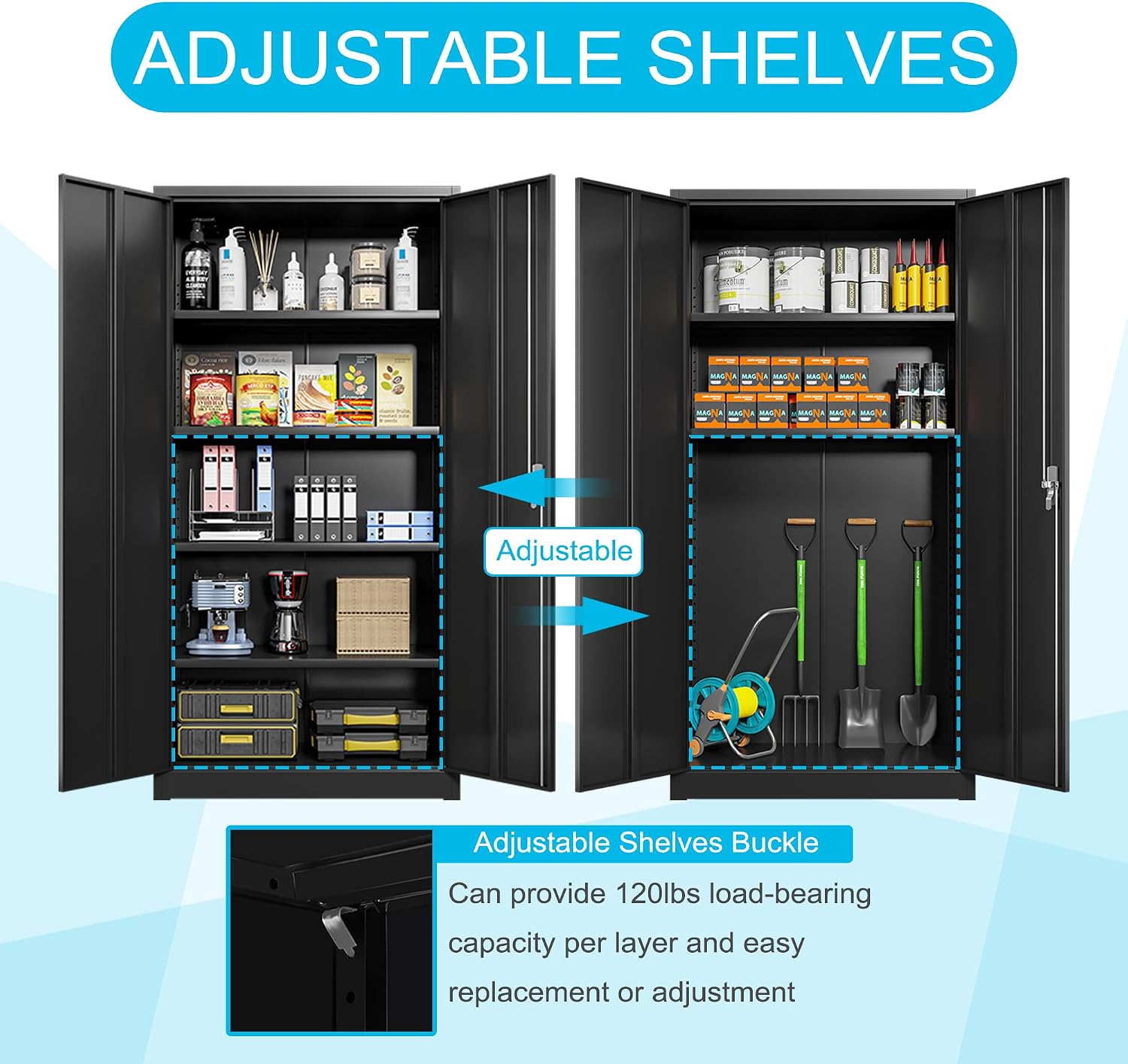 Metal Storage Cabinet 71' Black Garage Tool Cabinet with Doors and Shelves,Heavy Duty Tall Steel File Cabinet with Lock for Home Office Kitchen Gym School