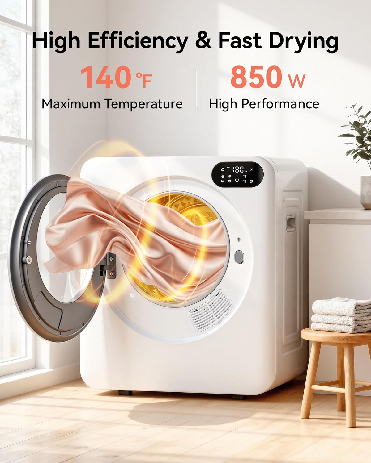 Euhomy 1.5 Cu.Ft Portable Dryer, 850W Clothes Dryer with Stainless Steel Drum, 4 Functions, LED Control Panel, 120V Portable Dryers for Laundry, Suitable for Apartments, Dorm, RVs, White