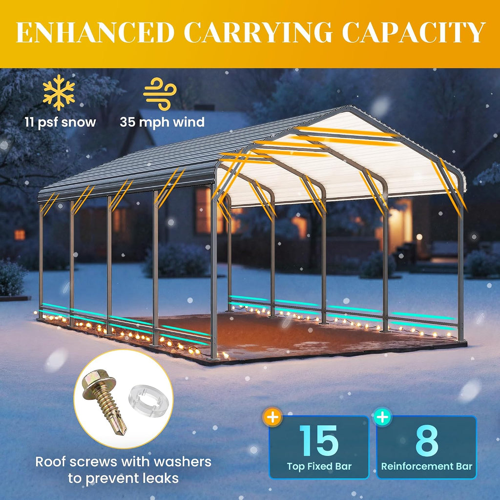 12x20FT Metal Carport, Heavy Duty Carport Canopy with Reinforced Frame and Base for All-Weather, Outdoor Garage Car Port for Pickup Trucks, Boats, Tractors or Party