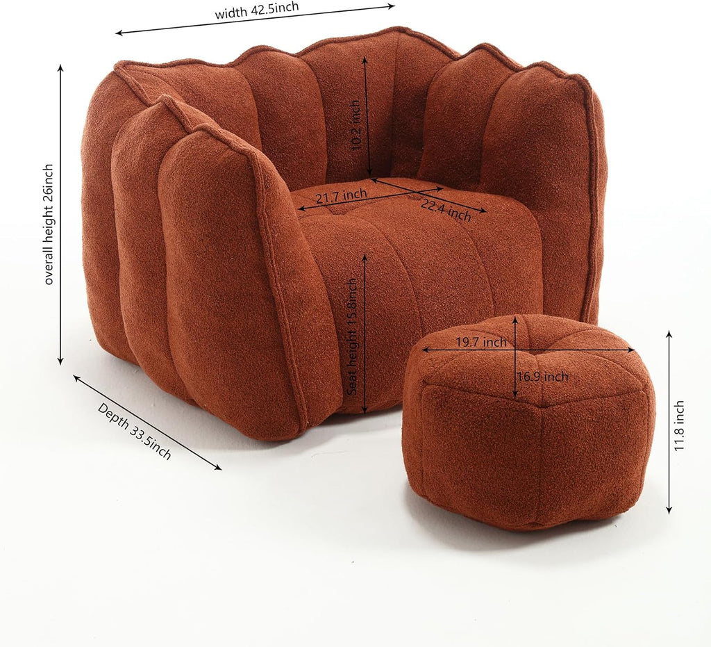 Giant Bean Bag Chair with Ottoman, Oversized Beanbag Chair for Adults, Comfy Floor Sofa Chair with Foam Filler, Pumpkin Lazy Lounger for Living Room, Game Room, Reading Corner, Chenille Reddish Brown