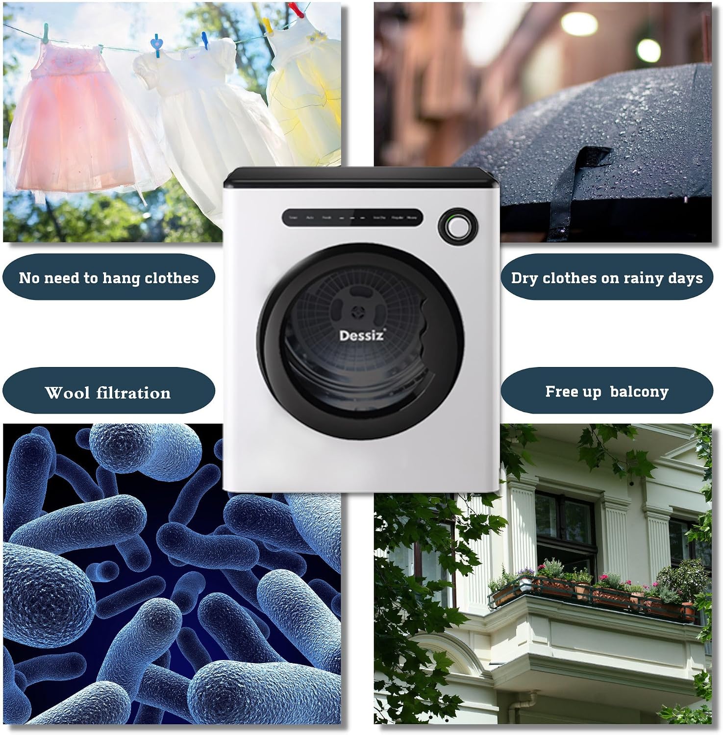 Dessiz 1.6 Cu.Ft.,11LBS Compact Dryer 950W Portable Clothes Dryer Machine with Stainless Steel Drum and Exhaust Hose,Dryer for RVs, Apartments,Dorm Rooms- Quiet, Sturdy,Easy to Use and LED Display