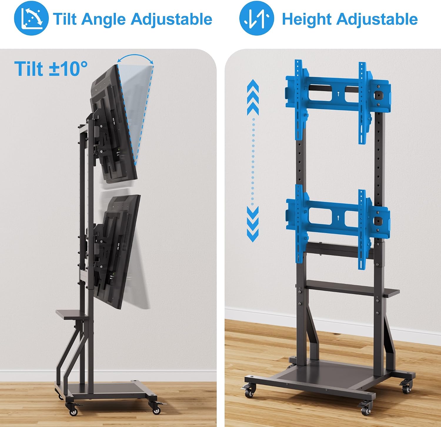 Rolling Dual TV Stand, Mobile TV Cart for Two 32-55 inch TVs with Storage and Lockable Wheels, Height Adjustable Portable TV Stand with Tilt Mount, Holds up to 132 lbs, Max VESA 600x400mm