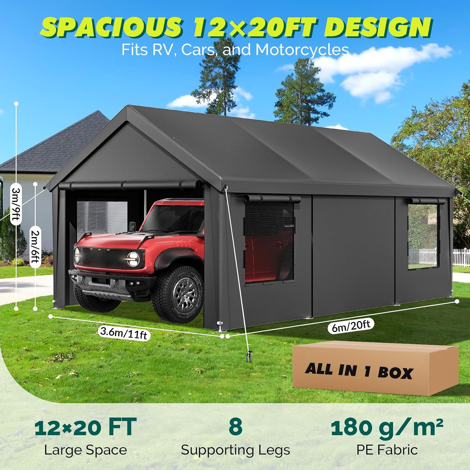 Velway Carport 12x20ft Heavy-Duty Canopy - Portable Garage Metal Carport Featuring Galvanized Frame Waterproof & UV-Protected Tarp with Removable Sidewalls & Doors for Car, Truck, Boat