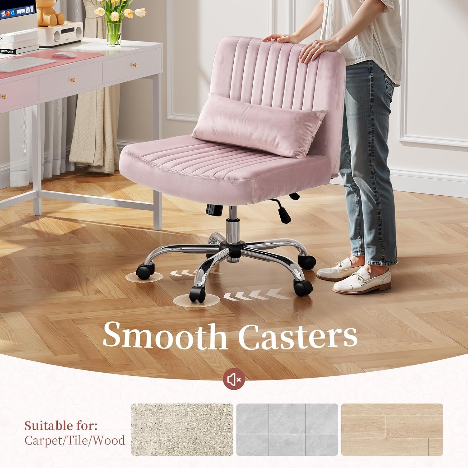 Velvet Criss Cross Chair with Wheels, Luxury Cross Legged Office Chair, Comfy Desk Chair for Home Office, Wide Seat Computer Chair, Armless Vanity Chair, Birthday Gift for Girls & Women, Blush Pink