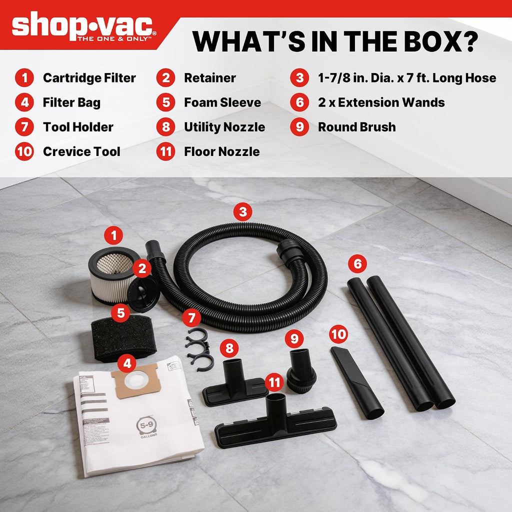 Shop-Vac 6 Gallon Ultra Quiet Shop Vacuum Wet and Dry, 4.5HP Powerful Suction Wet/Dry Vacuum with Attachments, 1-7/8 in. x 7 Ft Hose, 15 Ft Cord, Ideal for Jobsite, Garage, Workshop & Home, 5430541