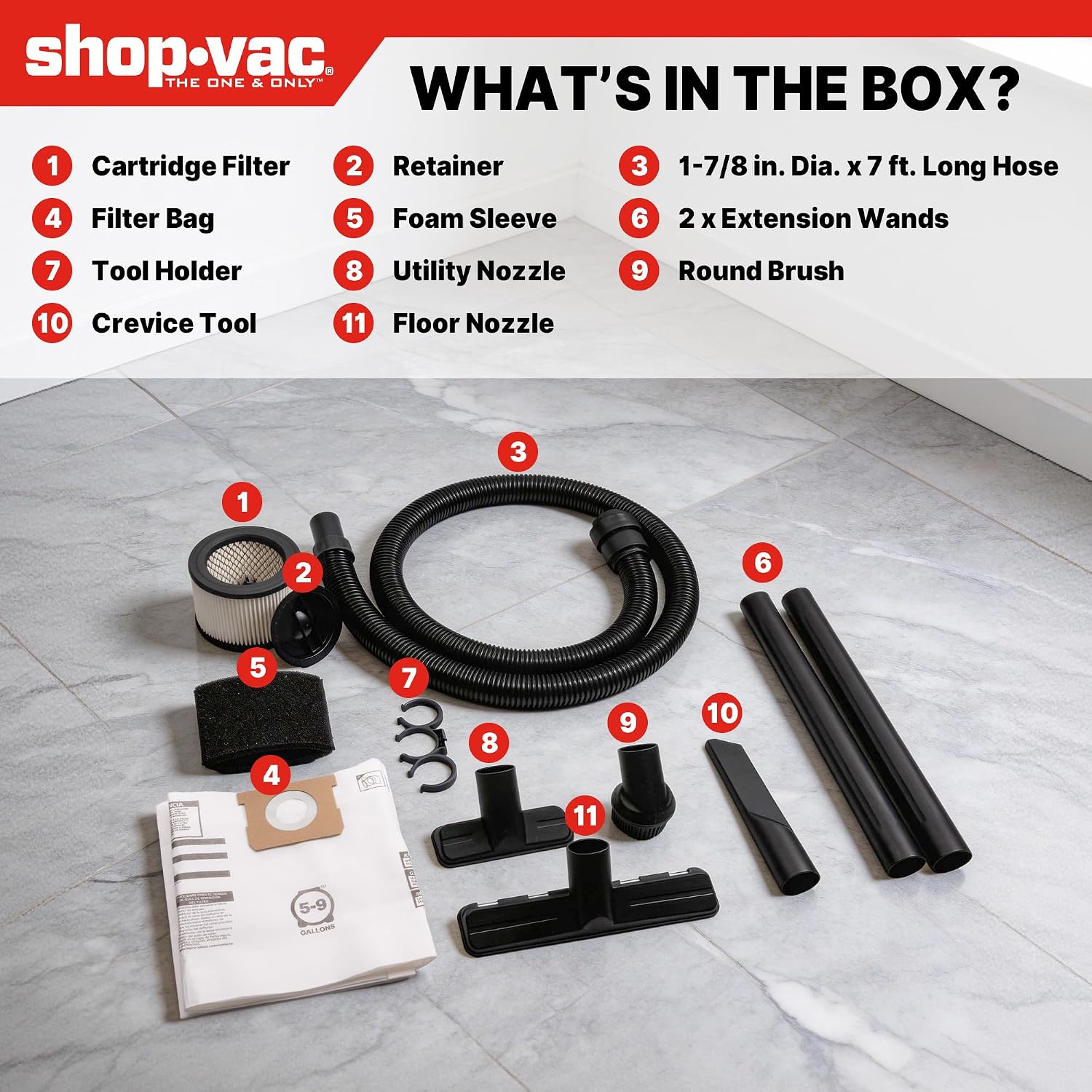 Shop-Vac 6 Gallon Ultra Quiet Shop Vacuum Wet and Dry, 4.5HP Powerful Suction Wet/Dry Vacuum with Attachments, 1-7/8 in. x 7 Ft Hose, 15 Ft Cord, Ideal for Jobsite, Garage, Workshop & Home, 5430541