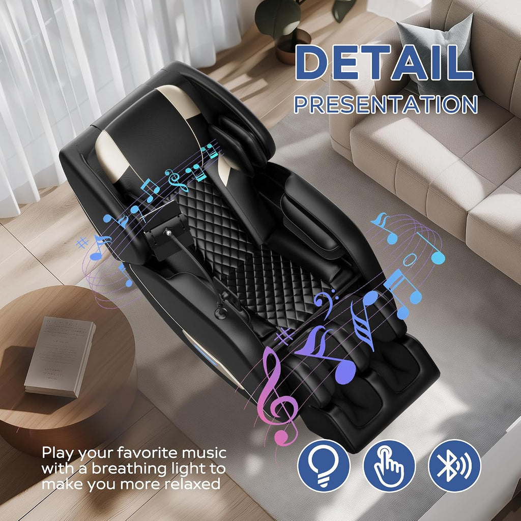 Zero Gravity Massage Chair Recliner with 8 Roller Heads, Full Body Air Pressure System, Heated Waist and Legs, Foot Roller Therapy, Bluetooth Audio, Automatic Programs for Home Office, Black