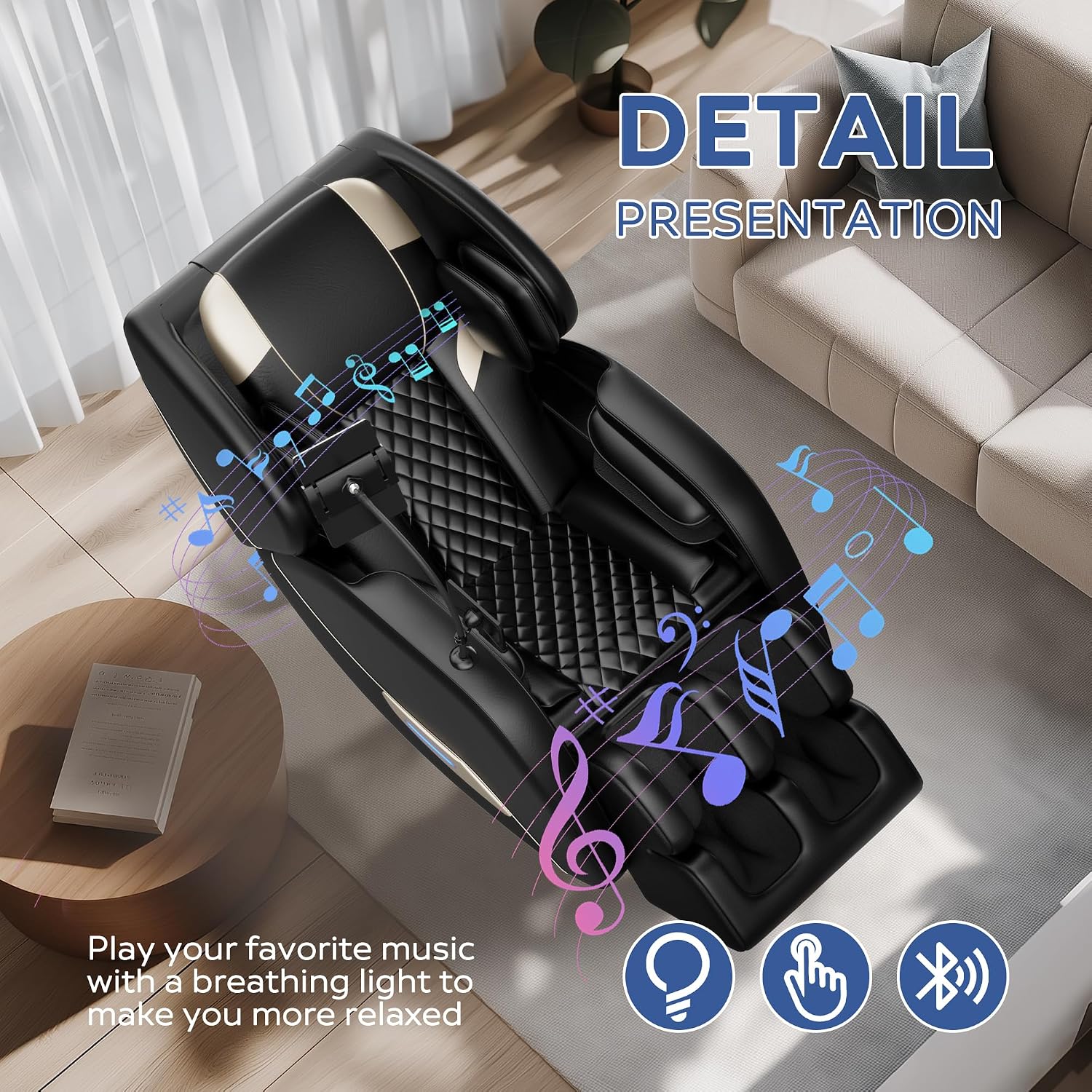 Zero Gravity Massage Chair Recliner with 8 Roller Heads, Full Body Air Pressure System, Heated Waist and Legs, Foot Roller Therapy, Bluetooth Audio, Automatic Programs for Home Office, Black