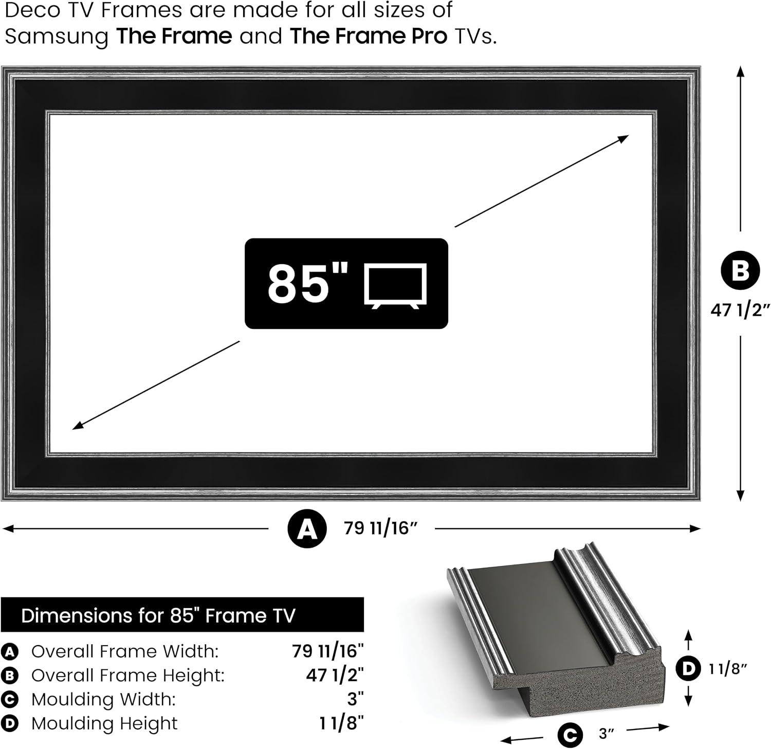 Antique Silver & Black 85' Premiere Deco TV Frame - Compatible ONLY with Samsung The Frame TV and Pro TVs (Fits 2021-2026, LS03A, LS03B,LS03C,LS03D,LS03FA,LS03FW)