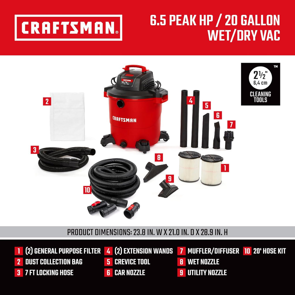 CRAFTSMAN CMXEVBE17596 20 Gallon 6.5 Peak HP Wet Dry Vac, Heavy-Duty Shop Vacuum Wet and Dry with 2 Filters, Dust Bag, 20-ft Hose, 7-ft Hose and Attachments for Shop, Garage, Jobsite Cleaning