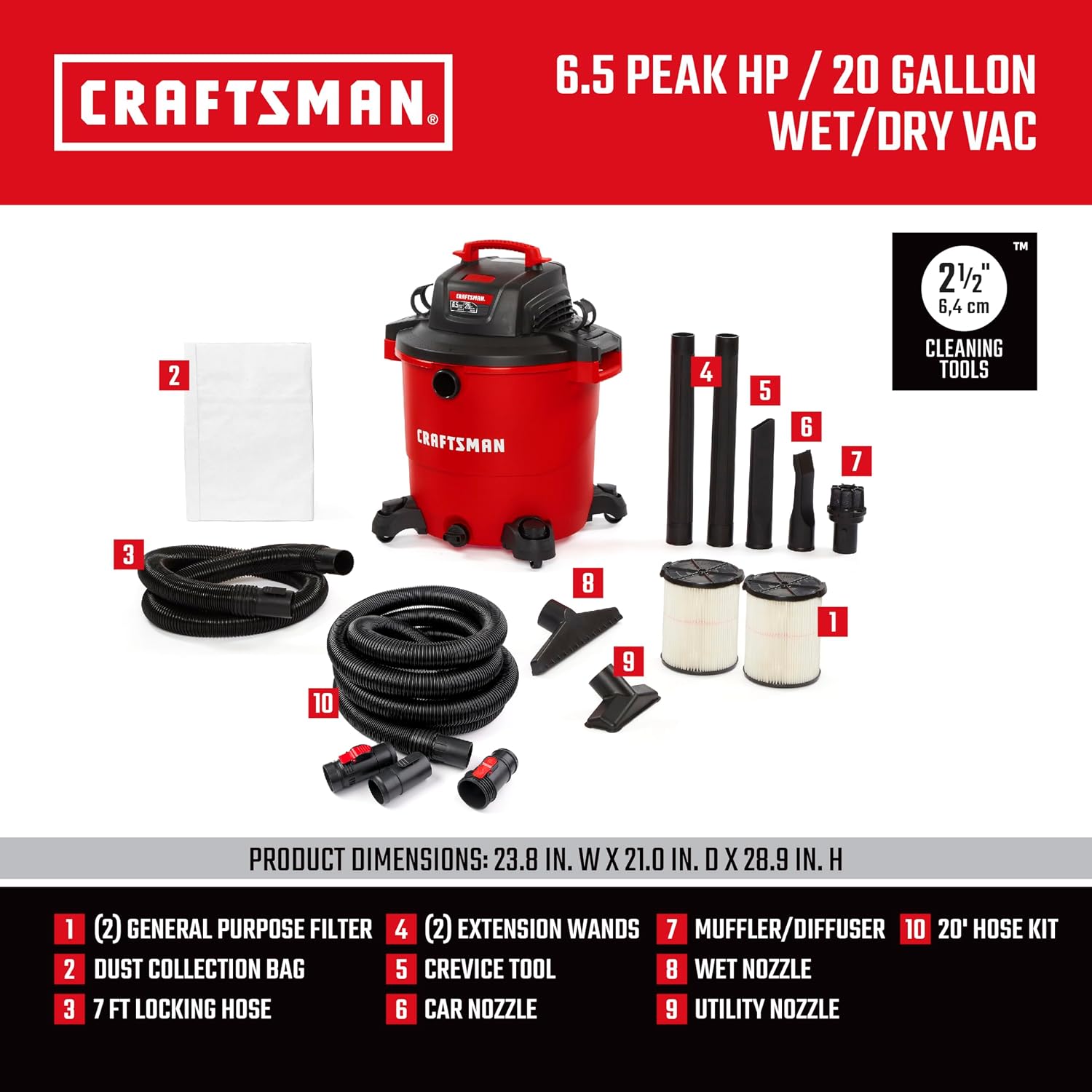 CRAFTSMAN CMXEVBE17596 20 Gallon 6.5 Peak HP Wet Dry Vac, Heavy-Duty Shop Vacuum Wet and Dry with 2 Filters, Dust Bag, 20-ft Hose, 7-ft Hose and Attachments for Shop, Garage, Jobsite Cleaning