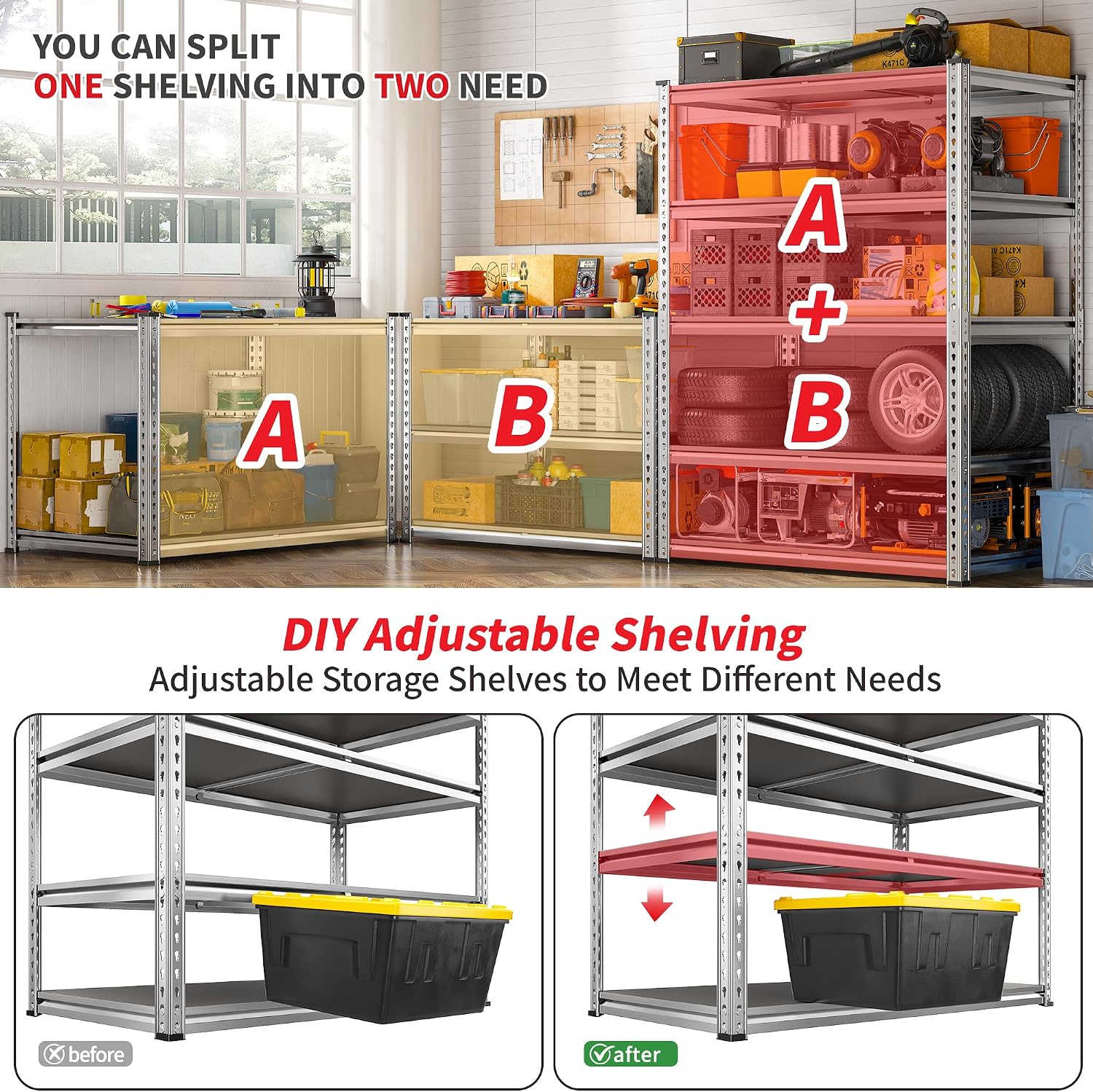 2200LBS Heavy Duty Storage Shelves, 5-Tier Adjustable Metal Shelving Unit with Waterproof PP Boards,Garage Storage Rack for Pantry Basement Warehouse,35'W x 16'D x 72'H,2 Pack Sliver Shelves