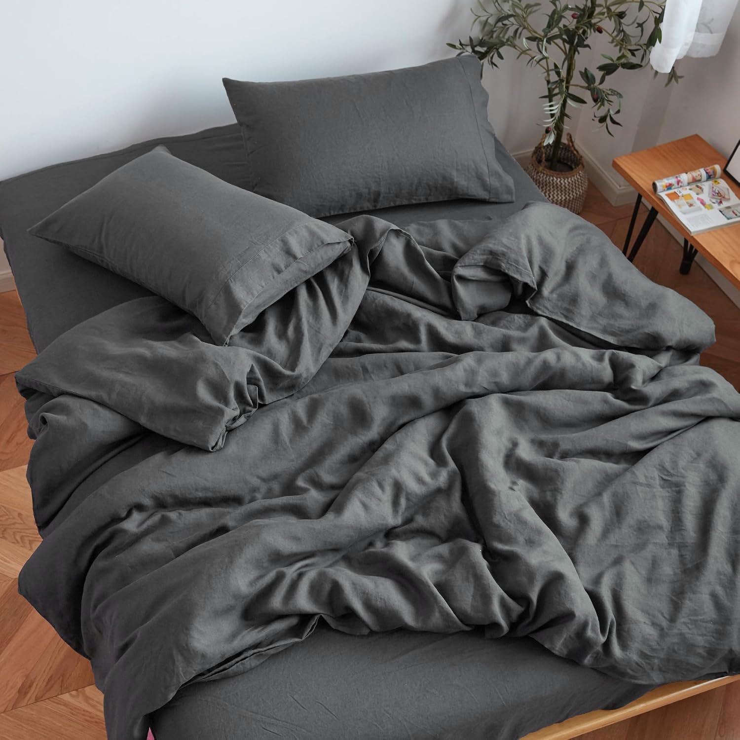 Sijo Stone Washed Organic French Linen Bed Sheet Set, GOTS Certified Organic, Best Cooling Linen Sheet Award by Sleep Foundation, 4 Piece - 2 Pillowcases, 1 Fitted and 1 Flat (Storm, Queen)