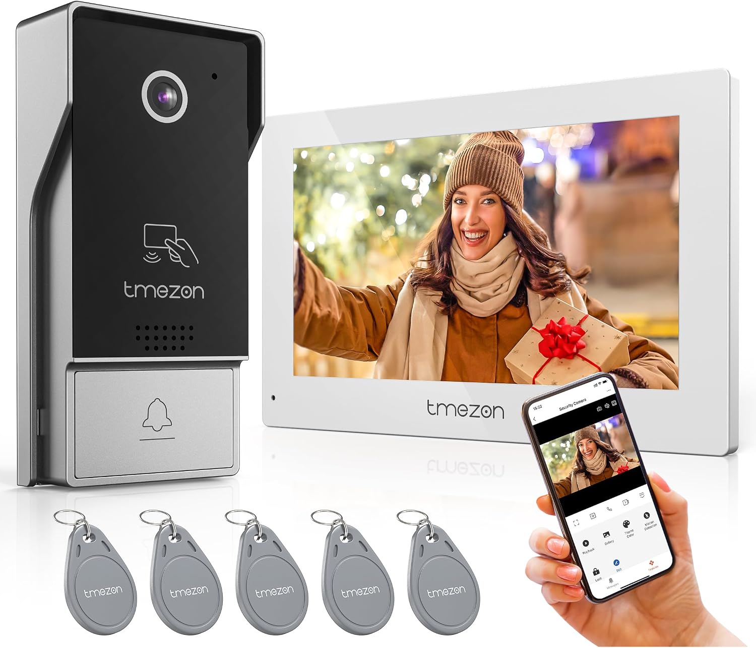 TMEZON 4-Wire 7 Inch Tuya 1080P WiFi Smart Video DoorPhone Intercom System with Wired Doorbell Password/Card Swipe Touchscreen